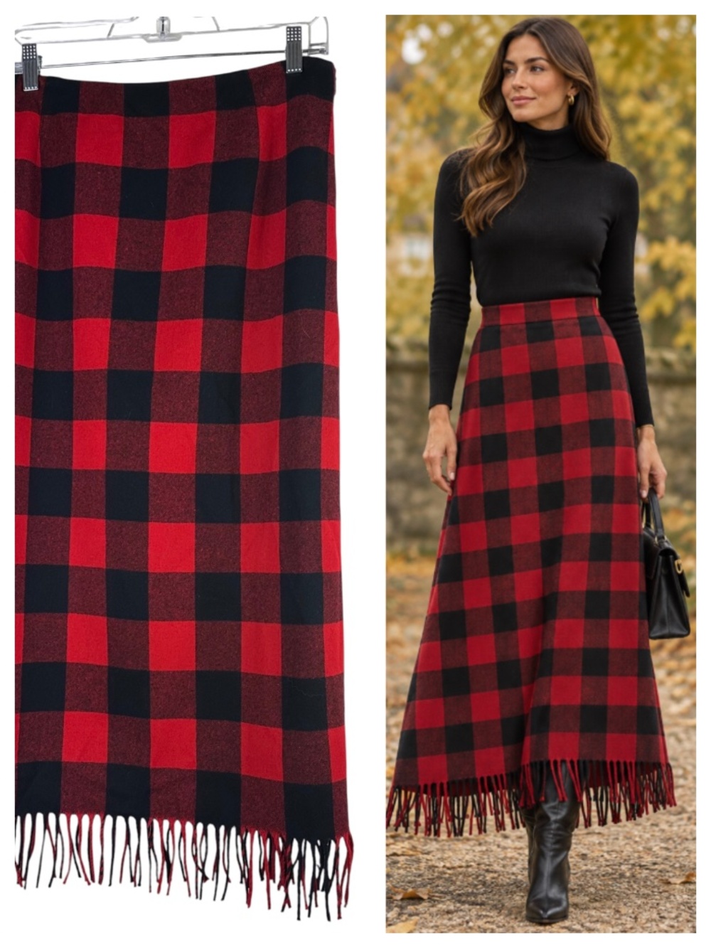 Pendleton Maxi Skirt Sz 10 Medium Buffalo Plaid 100% WOOL Red Black Fringe